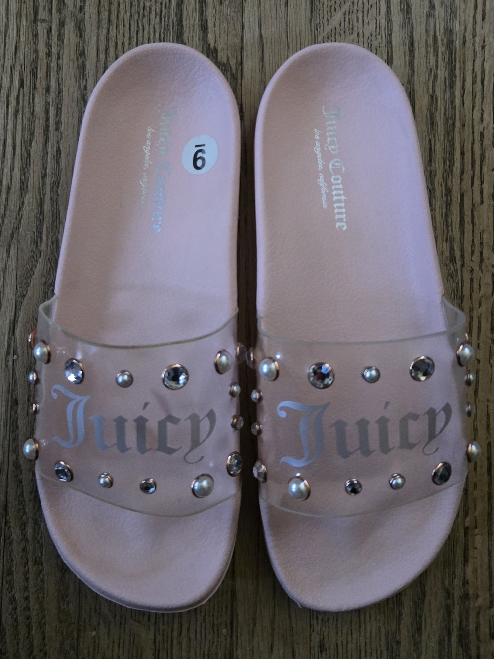 Juicy Couture Pink Jeweled Studded Clear-Strap Slide Sandals